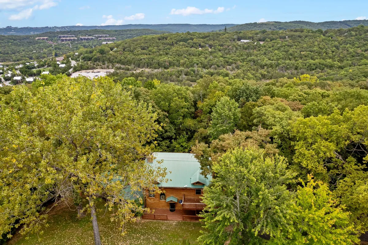 A serene view of a charming wooden cabin nestled among tall trees, with rolling hills visible in the distance. The scene captures the natural beauty and seclusion of the area, inviting guests to imagine hiking, bird watching, or simply unwinding while soaking in the peaceful surroundings.