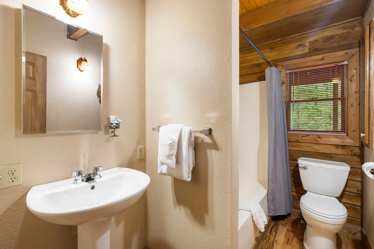 A well-lit bathroom with a stylish sink, wooden accents, and a large mirror, offering a welcoming space for personal routines and relaxation at any time of day.
