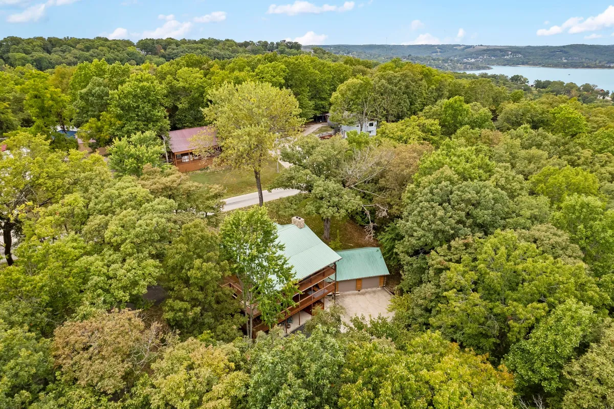 A scenic exterior shot featuring a green-roofed building nestled among tall trees, with a winding road leading into the woods. The open surroundings suggest ample space for exploration, dog walks, and easy access to nearby nature trails.